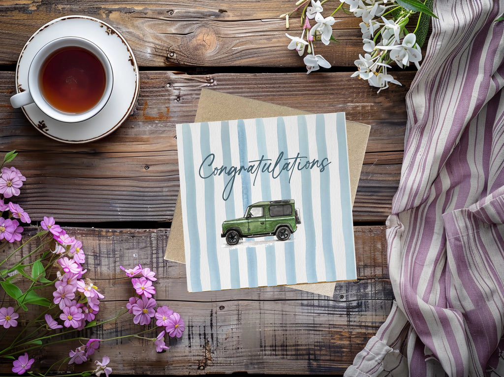 Large Land Rover 90 Striped Congratulations New Baby Card