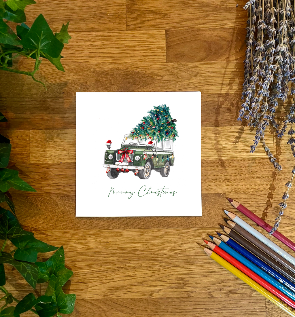 Land Rover Defender Classic with Christmas Tree Christmas Card