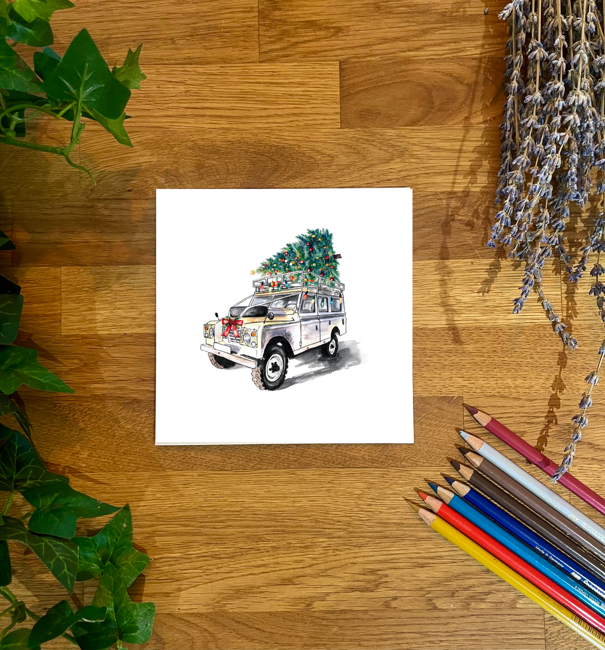 White Land Rover Defender with Christmas Tree Christmas Card