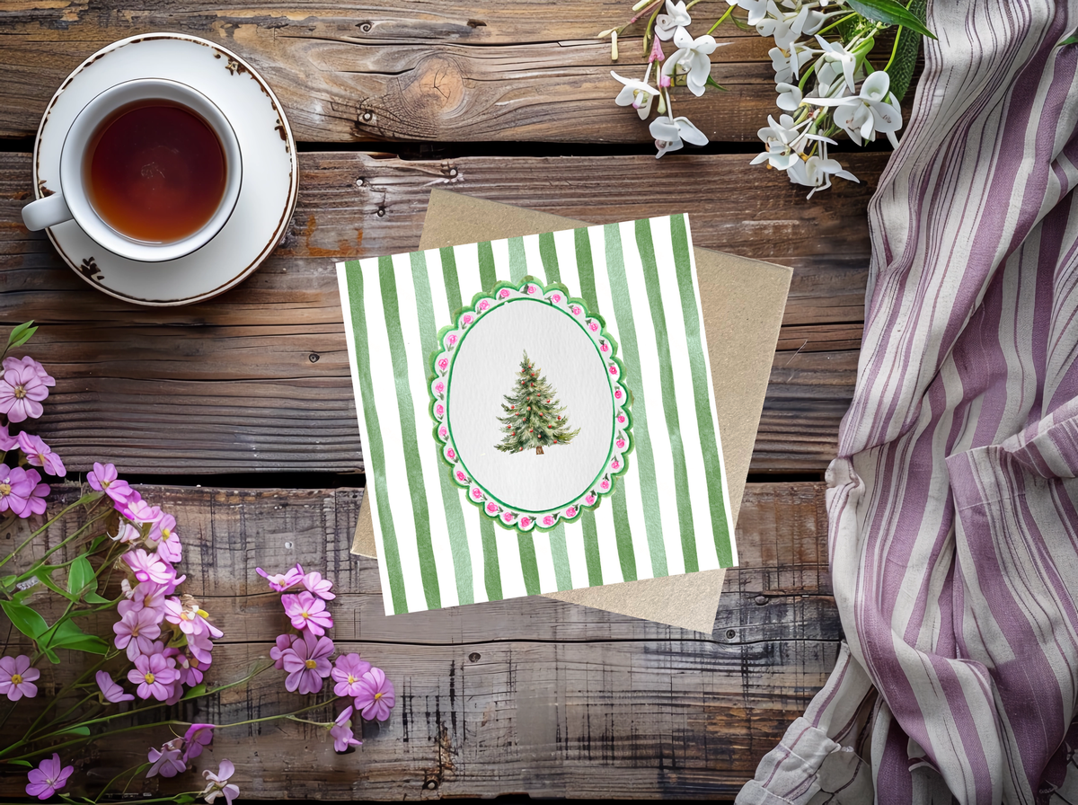 Christmas Tree Green Stripes Christmas Card