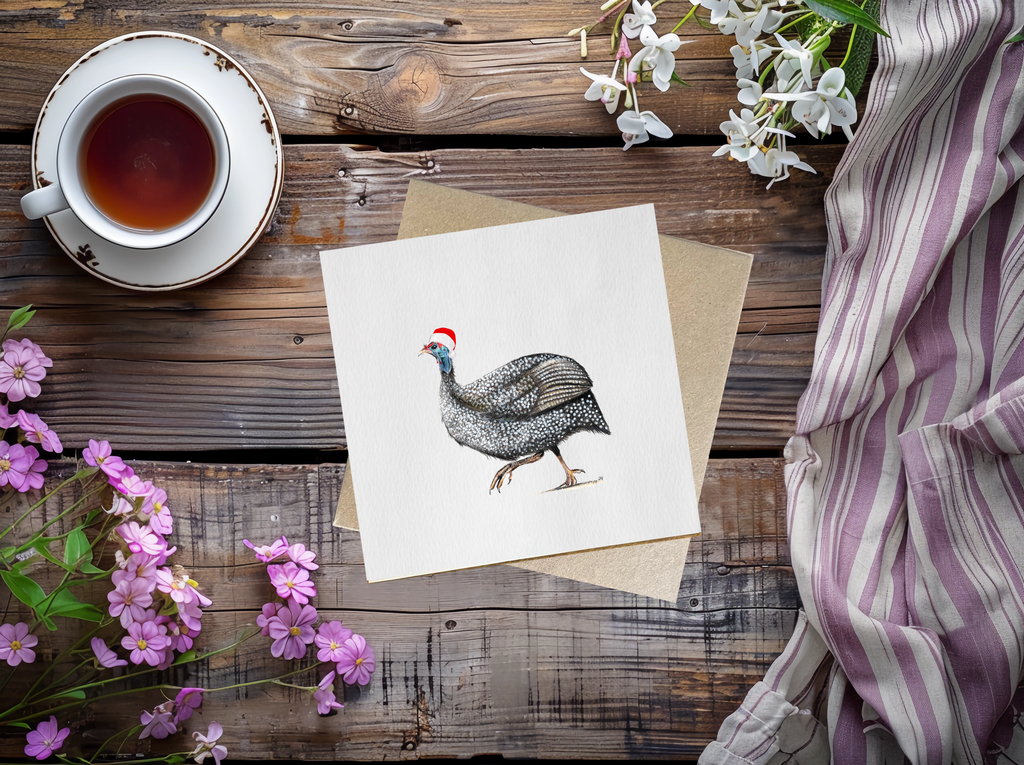 Guinea Fowl in Santa Hat Christmas Card