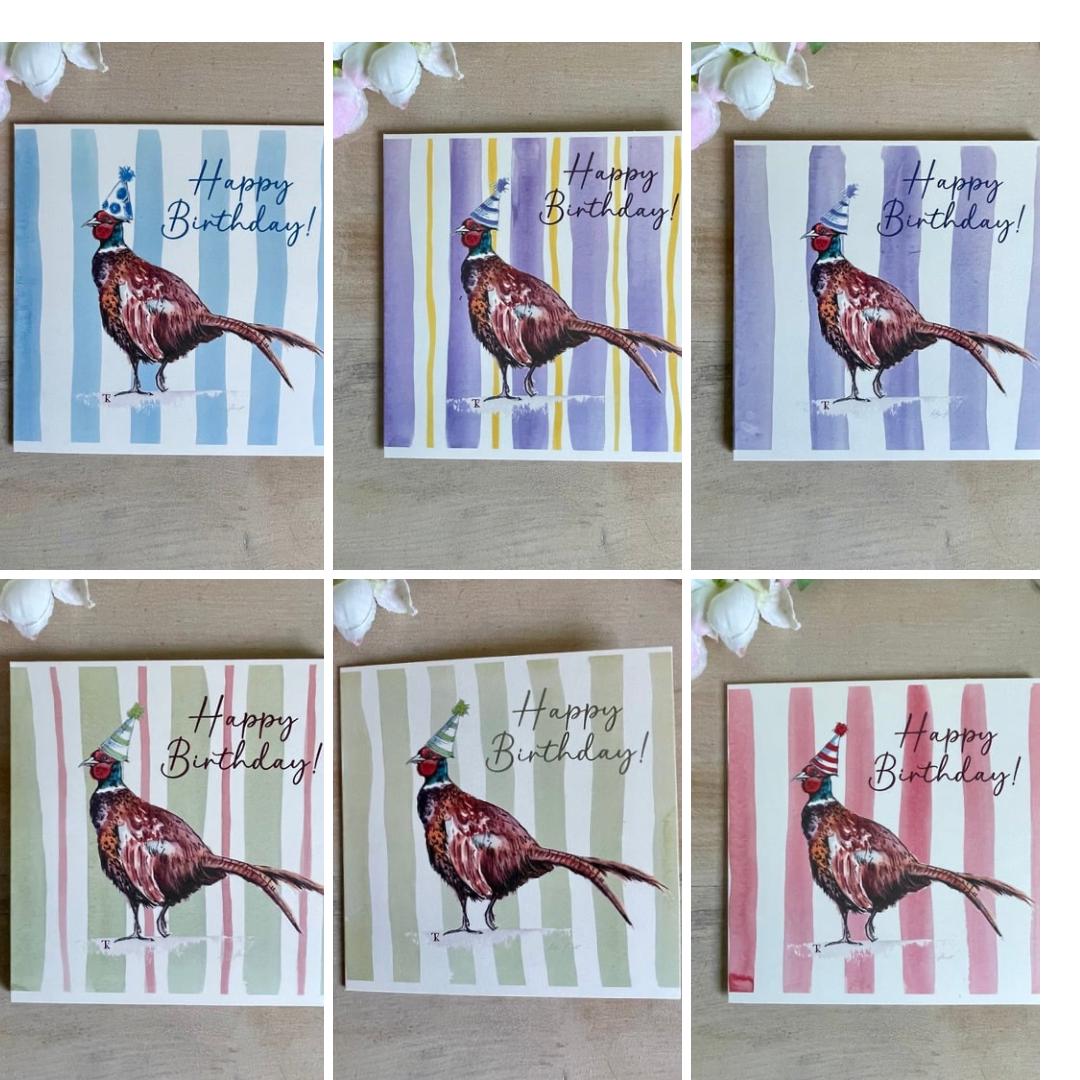 Pheasant Birthday Card: Colourful Stripes, Personalised Options Available
