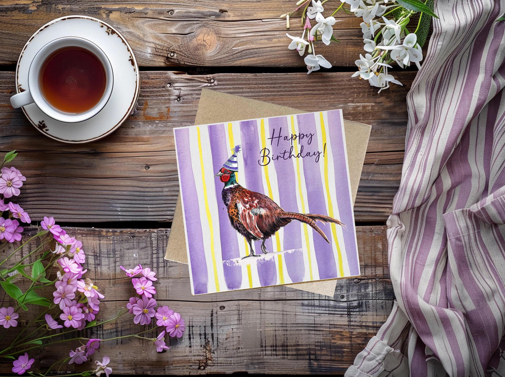Pheasant Birthday Card: Colourful Stripes, Personalised Options Available