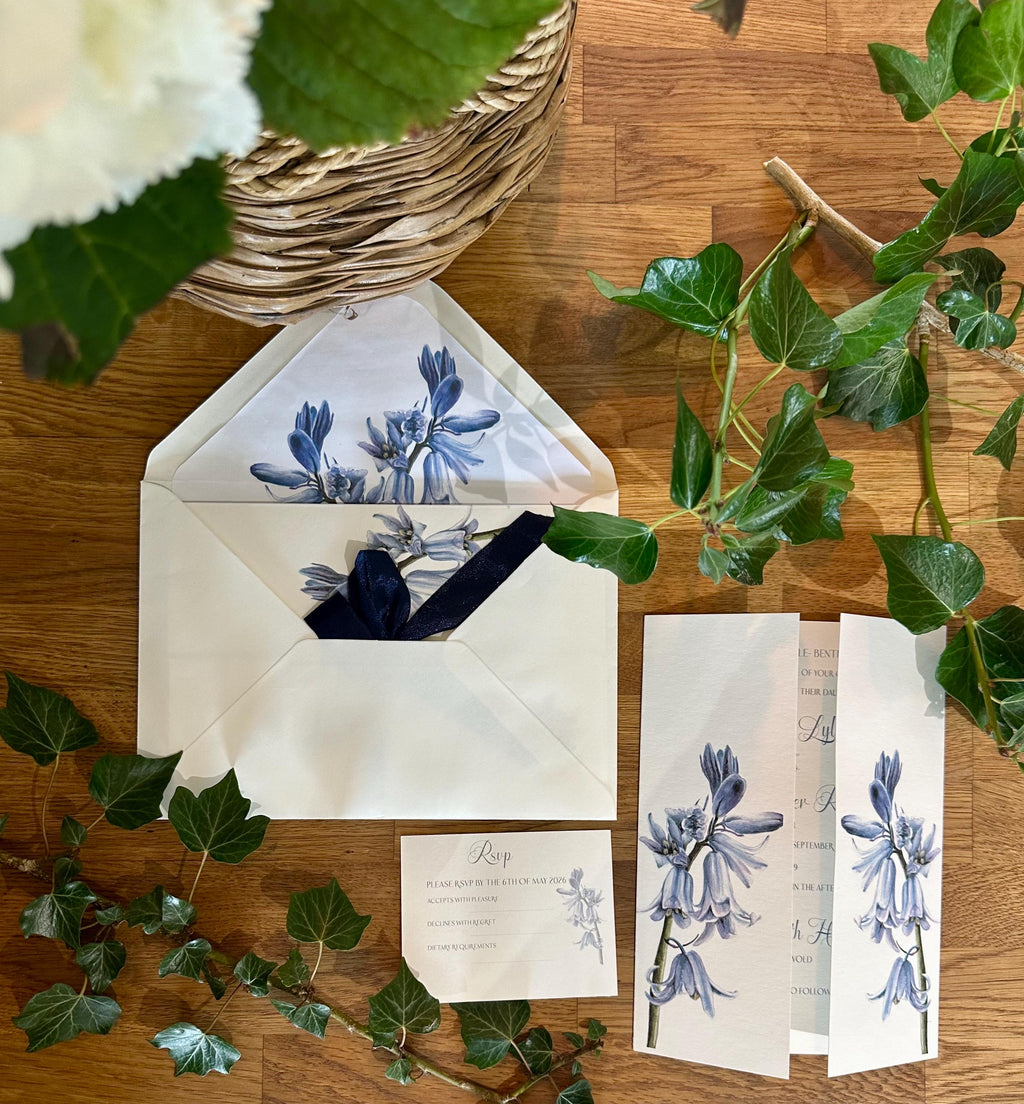 SAMPLE INVITATION Hand Painted Blue Hyacinth Gatefold Wedding Invitation Suite | Luxury Floral Stationery