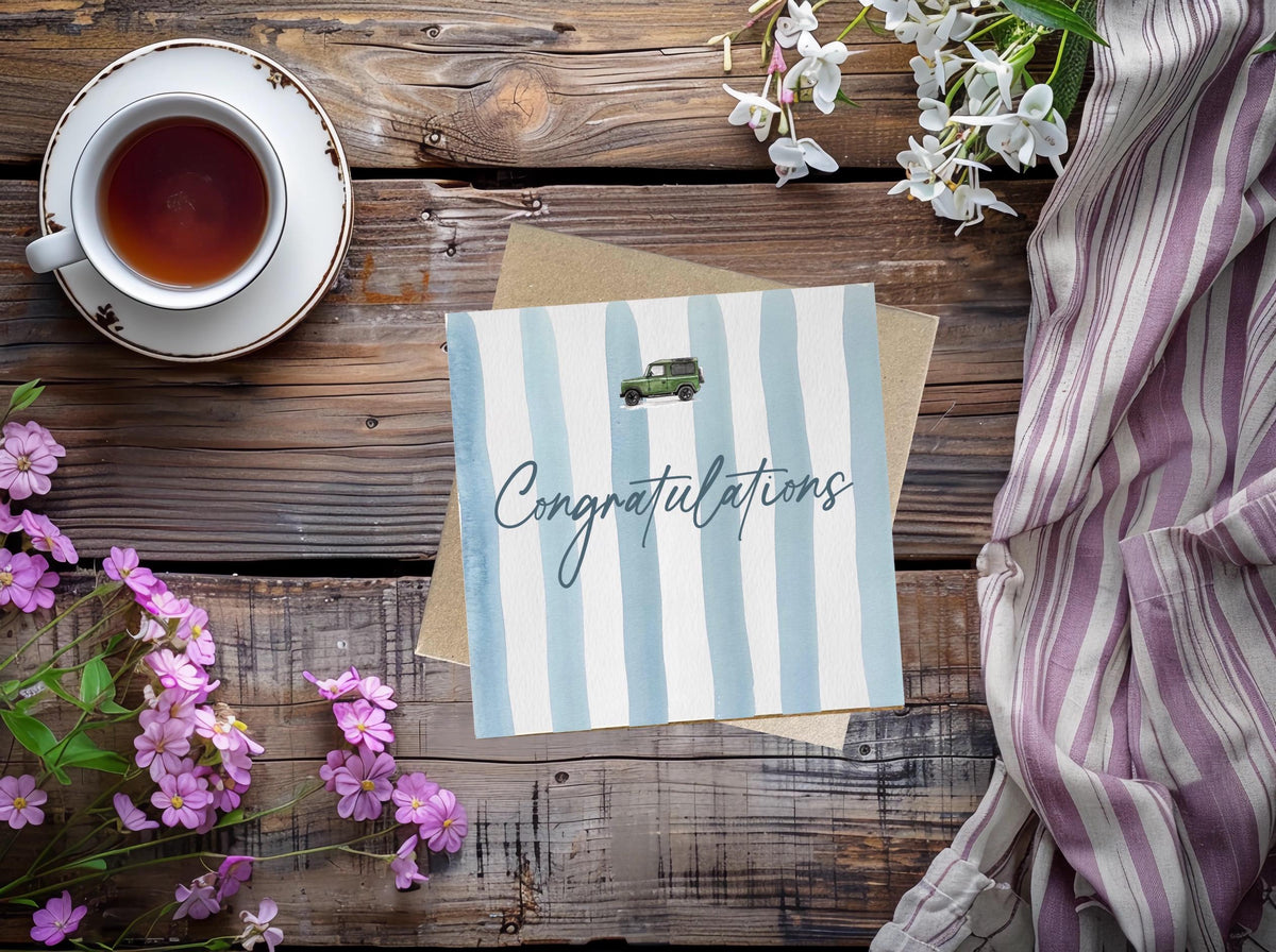 Small Land Rover 90 Striped Congratulations New Baby Card