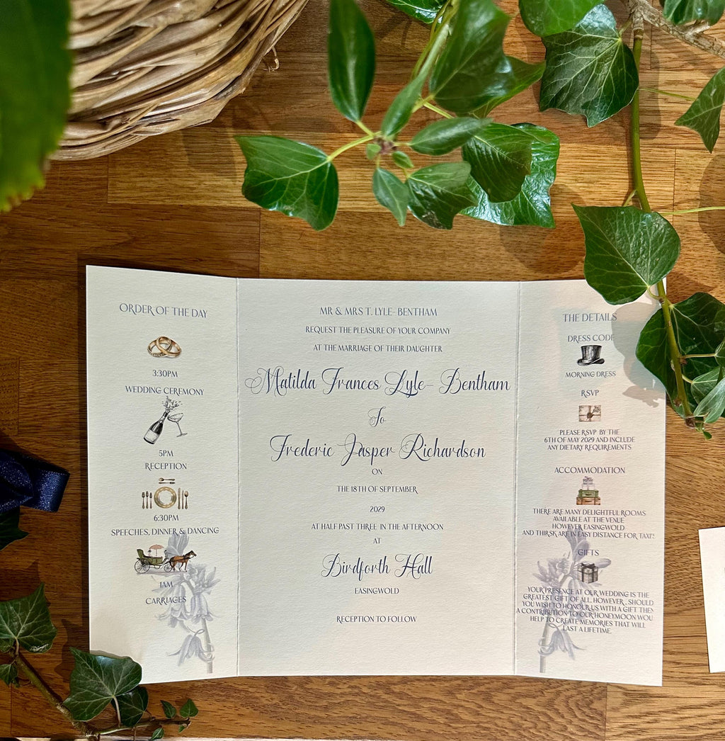 SAMPLE INVITATION Hand Painted Blue Hyacinth Gatefold Wedding Invitation Suite | Luxury Floral Stationery